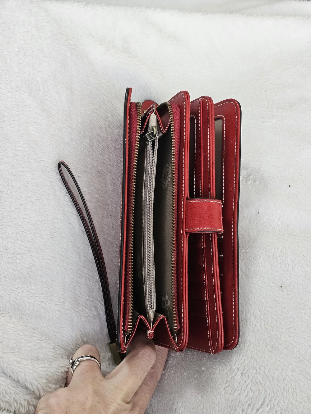 SENDEFN Red Genuine Leather RFID Wristlet Wallet Sunflower Snap